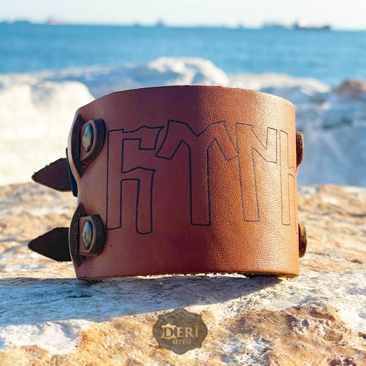 Old Turkic Script Leather Bracelet with Double Buckle - Necklace Gift