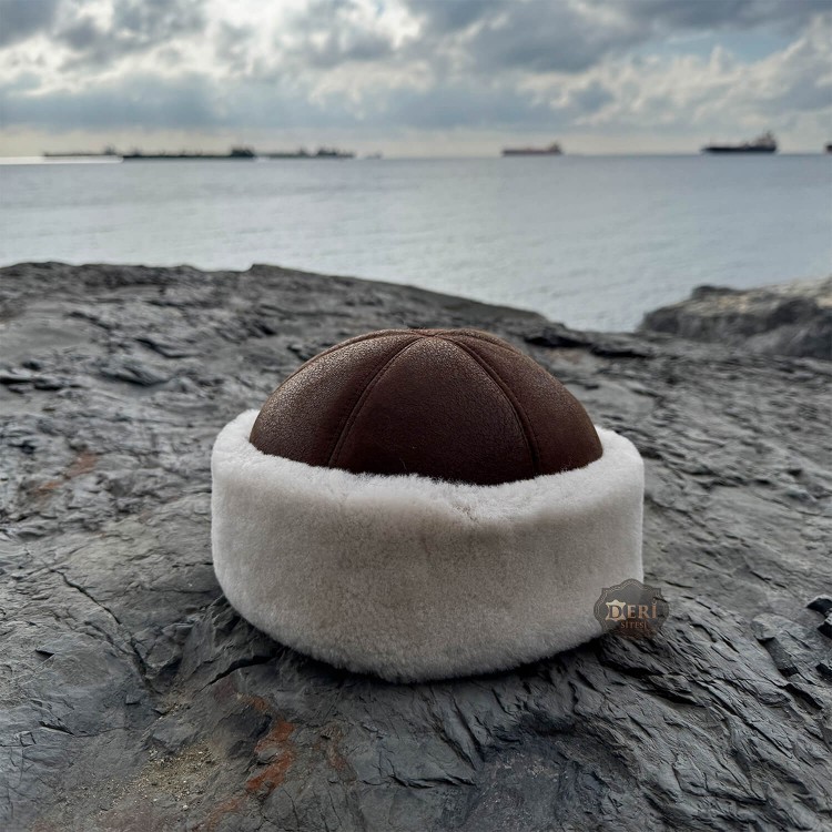 Winter Greetings: Brown Leather Hat with White Fur