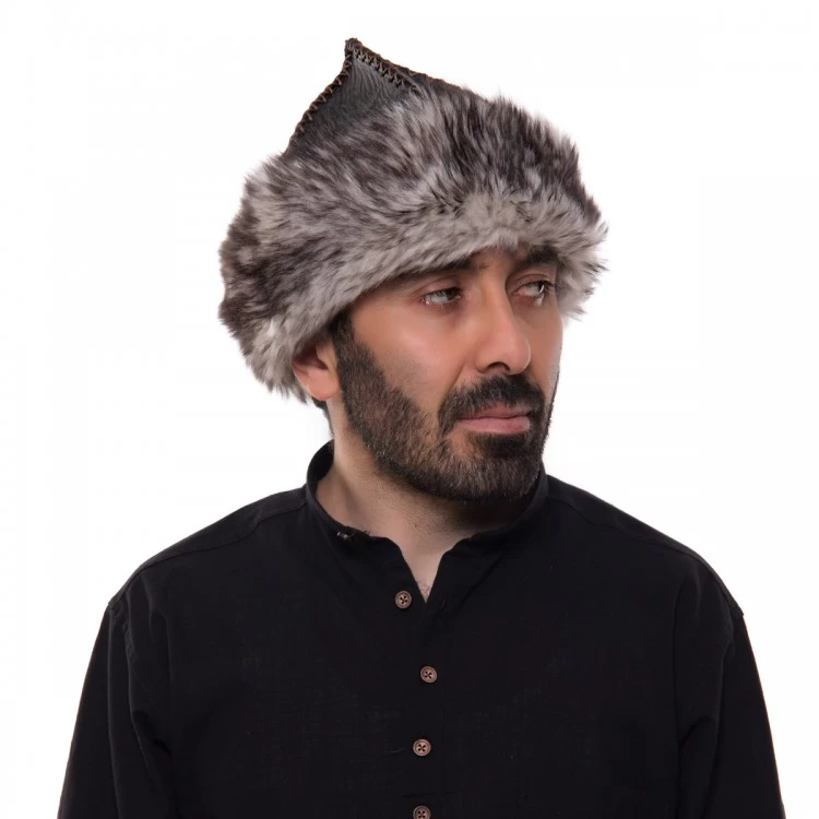 Traditional Turkish Hat - Genuine Leather with Gray Wolf Feather